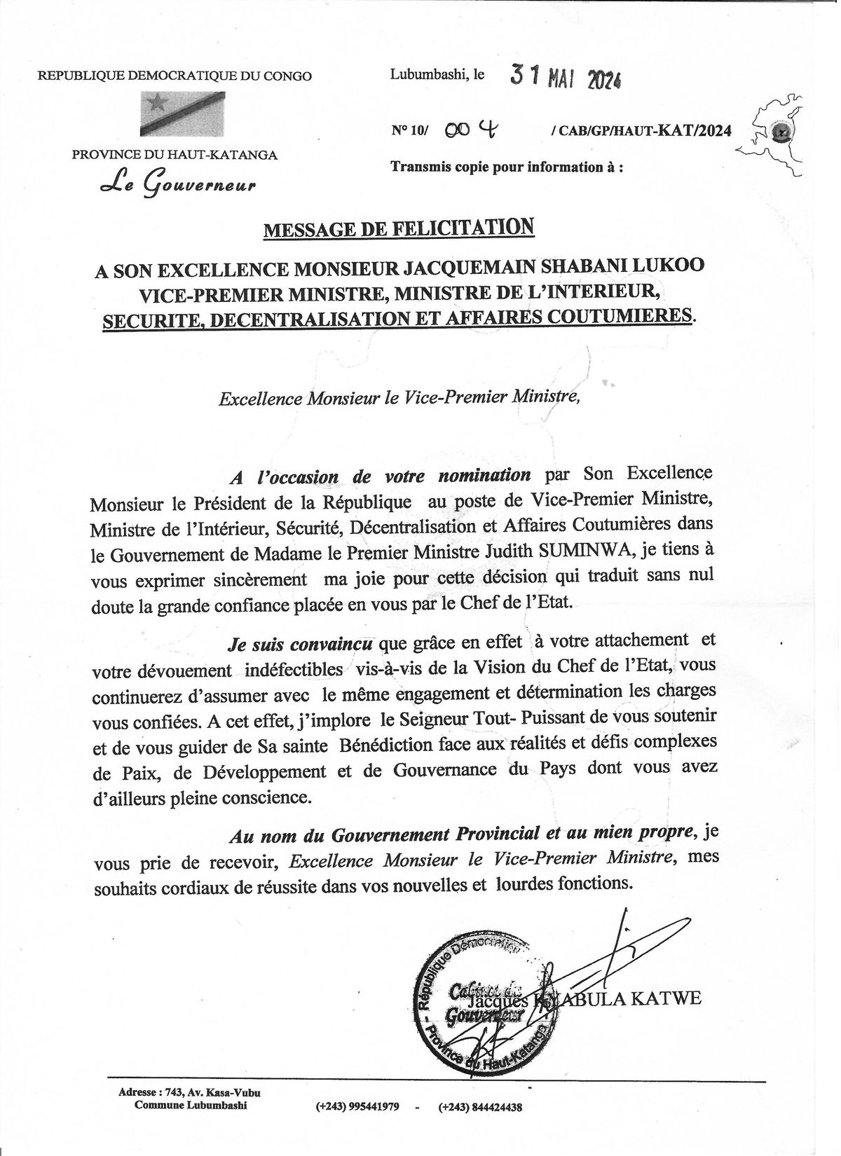 Message de félicitation de Jacques Kyabula Katwe au Vice Premier Ministre, Ministre, Sécurité, Décentralisation et Affaires coutumières