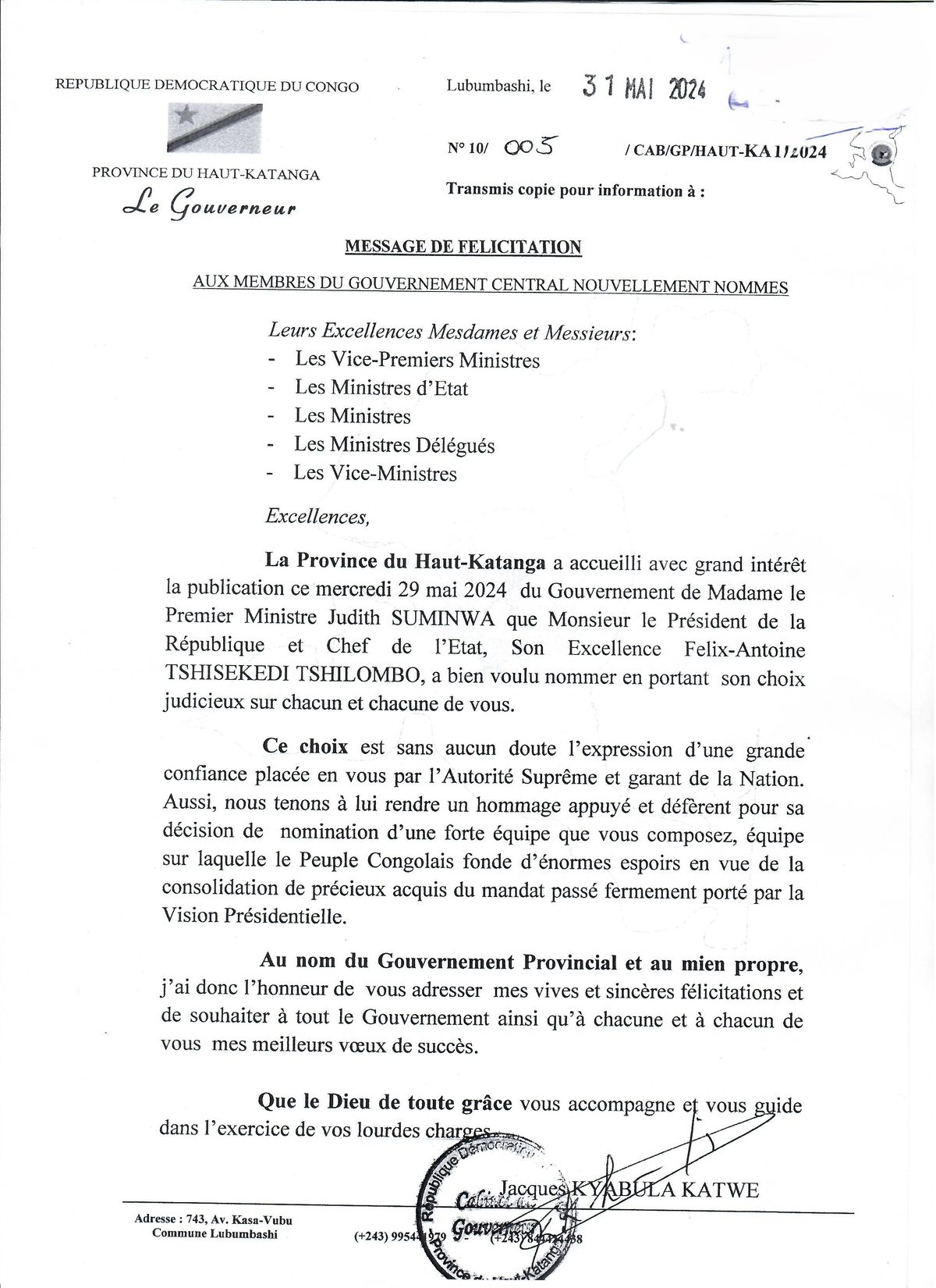 Message de félicitation de Jacques Kyabula Katwe aux membres du Gouvernement central